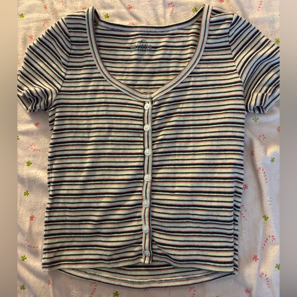 Hollister Black and White Striped Button-Down Top